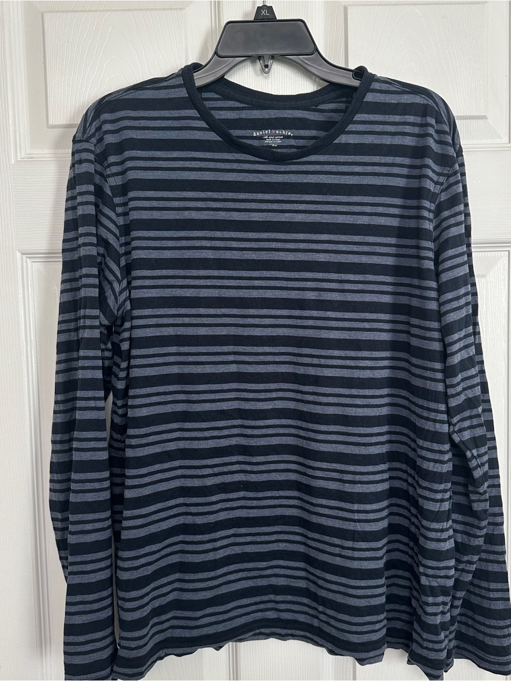 Daniel Buchner Silk Shirt Striped Long-Sleeve Crewneck Tee - Navy+Light Blue